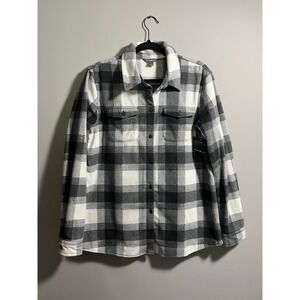 Eddie Bauer Womens Fast Fleece Shirt Jacket Black White Plaid Shacket 0482 Large